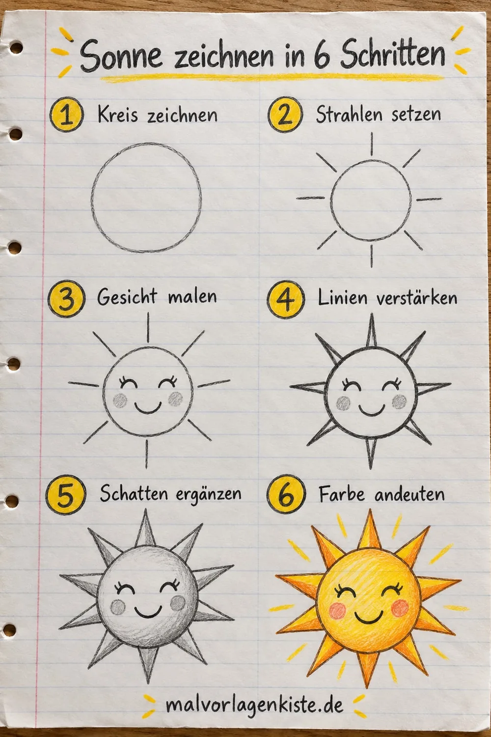 Anleitungsblatt: lachende Sonne in 6 Schritten vom Kreis zur Zackensonne, im letzten Feld gelb und orange ausgemalt.