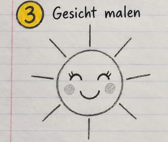 Sonne mit Strichstrahlen und lachendem Gesicht mit geschlossenen Augen und Bäckchen.
