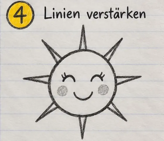 Sonne mit spitzen, dreieckigen Zackenstrahlen und kräftig nachgezogener Kontur.