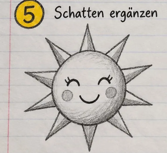 Sonne mit grauer Bleistiftschattierung am Rand und an den Zacken.