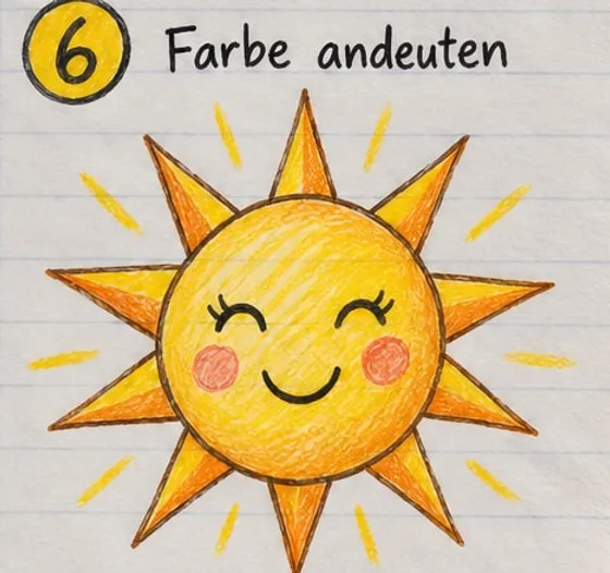 Gelb-orange ausgemalte Sonne mit rosa Bäckchen und gelben Leuchtstrichen ringsherum.