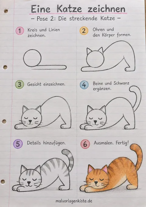 Anleitungsblatt: streckende Katze zeichnen in 6 Schritten, vom Kreis mit Linie bis zur getigerten Katze, im letzten Feld bunt ausgemalt.