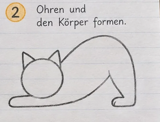 Feld 2: Ohren am Kopf und ein großer Rückenbogen nach oben, rechts ein Hinterbein.