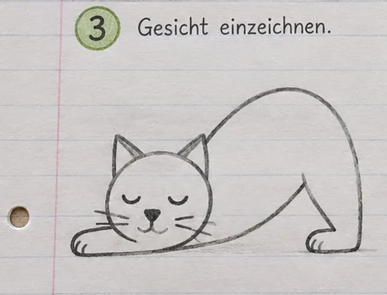 Feld 3: geschlossene Augen, Nase, Mund und Schnurrhaare, Vorderpfoten mit Zehen.
