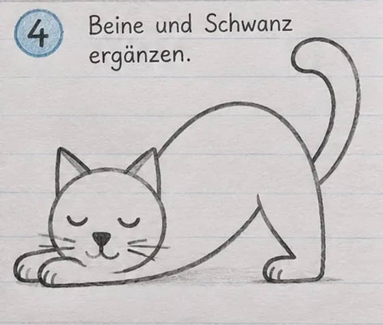 Feld 4: zweites Hinterbein, Bauchlinie und ein hoch aufgestellter, gebogener Schwanz.
