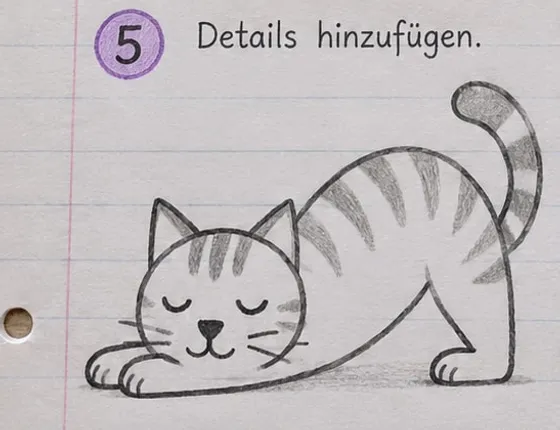 Feld 5: die Katze mit Streifen auf Kopf, Rücken, Beinen und Schwanz.