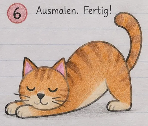Feld 6: orange getigerte Katze bunt ausgemalt, mit rosa Ohren und Schatten auf dem Boden.