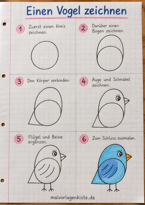 Anleitungsblatt: Vogel zeichnen in 6 Schritten – von Kreis und Bogen bis zum fertigen Vogel, im letzten Feld blau ausgemalt.
