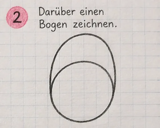 Über dem Kreis ein hoher, eiförmiger Bogen für Kopf und Rücken.