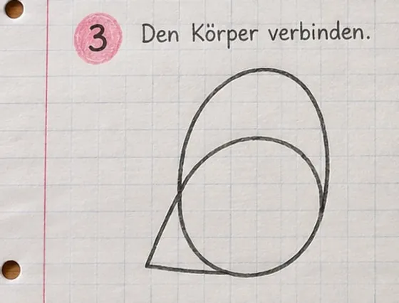 Der Vogelkörper mit einem spitzen Dreieck als Schwanz unten links.