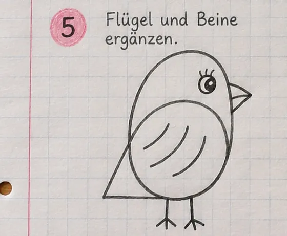 Der Vogel mit drei gebogenen Federstrichen im Flügel und zwei dünnen Beinen mit Zehen.