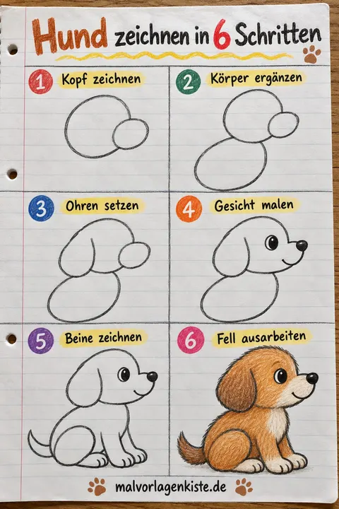 Anleitungsblatt: niedlichen Welpen zeichnen in 6 Schritten, vom Kopf aus Oval und Kreis bis zum Fell, im letzten Feld bunt ausgemalt.