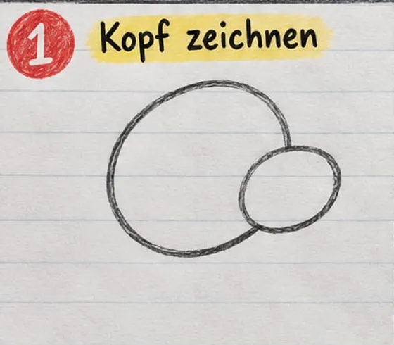 Feld 1: großes Oval als Hundekopf, rechts daran ein kleiner Kreis für die Schnauze.