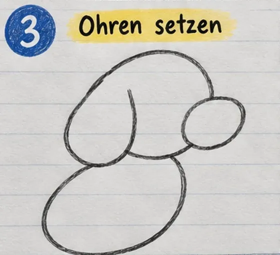 Feld 3: am Kopf ein langes, hängendes Schlappohr, Kopf und Schnauze sind zu einer Form verbunden.