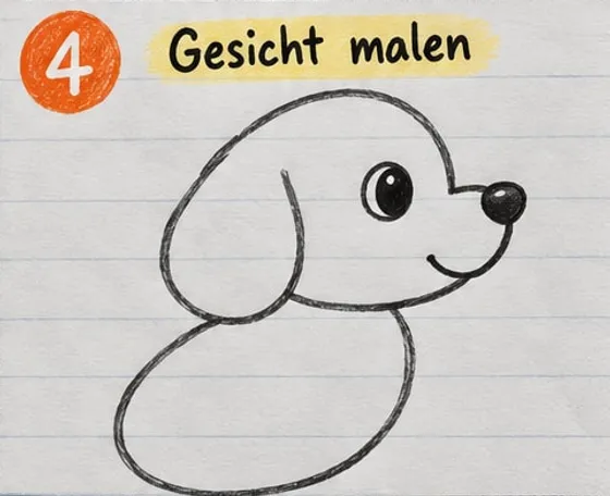 Feld 4: dunkles Auge mit Lichtpunkt, schwarze Nase an der Schnauzenspitze und ein lächelnder Mund.