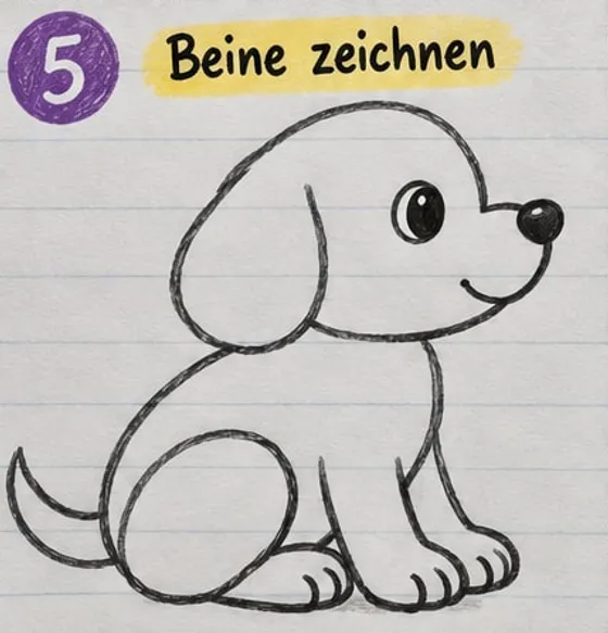 Feld 5: fertige Strichzeichnung des sitzenden Welpen mit Vorderbeinen, Hinterbein, Pfoten und Schwanz.