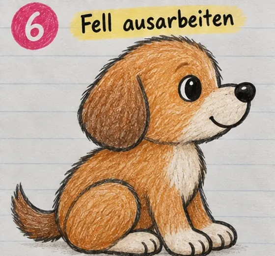 Feld 6: der Welpe in Braun und Creme ausgemalt, mit kurzen Fellstrichen und dunklerem Ohr.