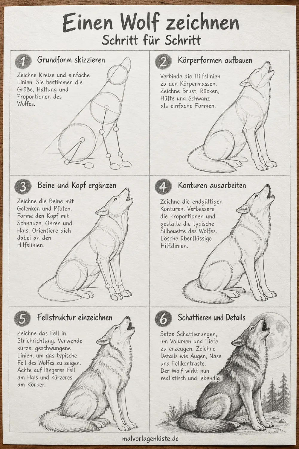 Anleitungsblatt: heulenden Wolf realistisch zeichnen in 6 Schritten, von Kreisen und Linien bis zur Fellstruktur, im letzten Feld mit Bleistift schattiert vor Vollmond.