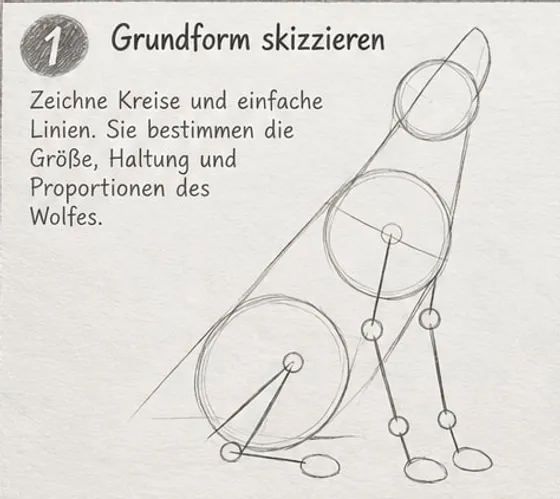 Feld 1: Wolf aus drei Kreisen für Kopf, Brust und Hüfte, Beinlinien mit Gelenkpunkten und schräger Haltungslinie.