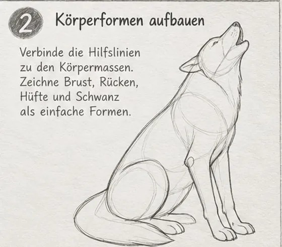 Feld 2: Wolfskörper aus weich verbundenen Formen, steil gereckter Hals und Kopf, runde Hüfte und um die Pfoten gelegter Schwanz.
