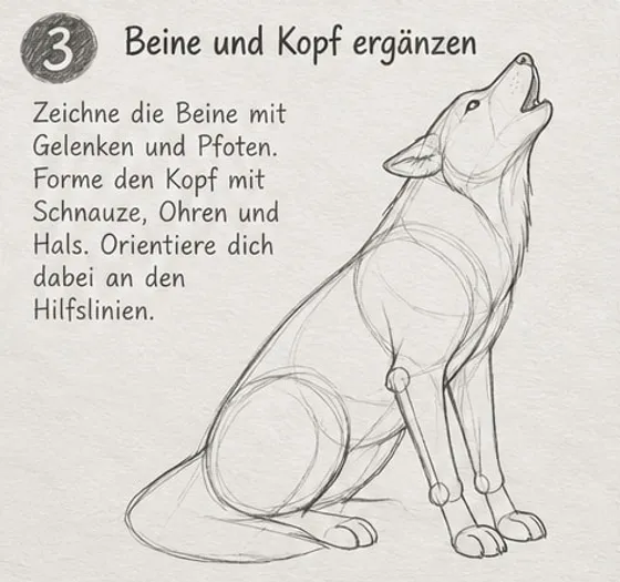 Feld 3: Wolf mit senkrechten Vorderbeinen, Gelenken und Pfoten, Kopf mit offener Schnauze und spitzen Ohren, Hilfslinien sichtbar.