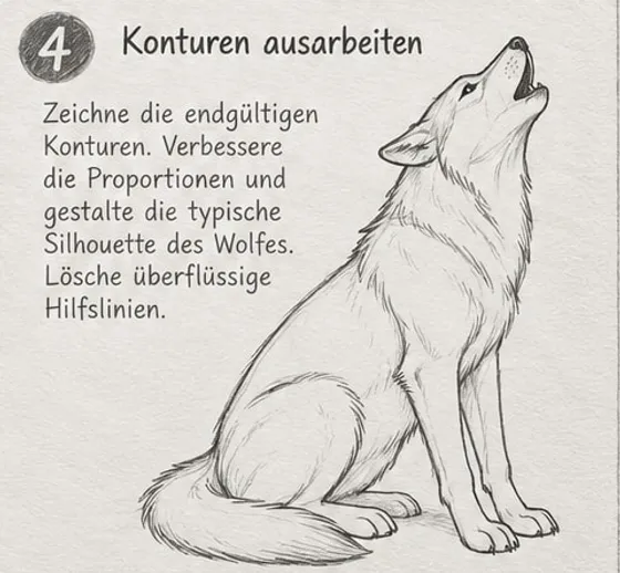 Feld 4: saubere Kontur des heulenden Wolfs mit gezacktem Halskragen und buschigem Schwanz, ohne Hilfslinien.