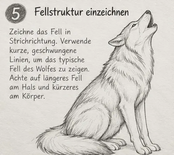 Feld 5: Wolf mit langen Fellsträhnen an Hals und Brust und kurzen Fellstrichen an Körper und Beinen.