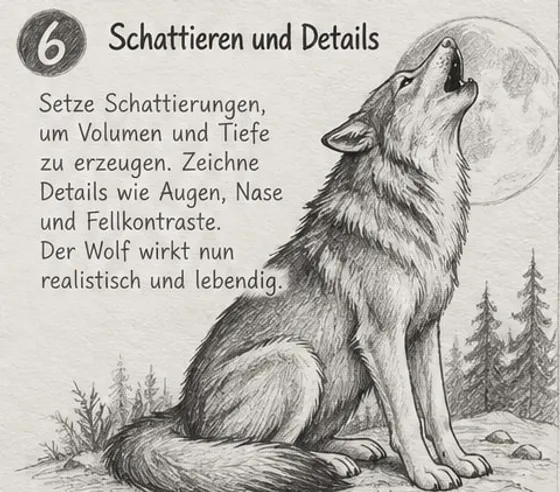 Feld 6: fertig schattierter, heulender Wolf mit dunklem Rücken und heller Brust vor Vollmond und Tannen.